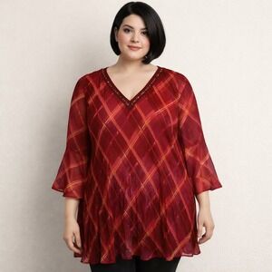 Catherines Red‎ Plaid Beaded V-Neck Pleated Tunic Top Plus Size 0X 14/16W
